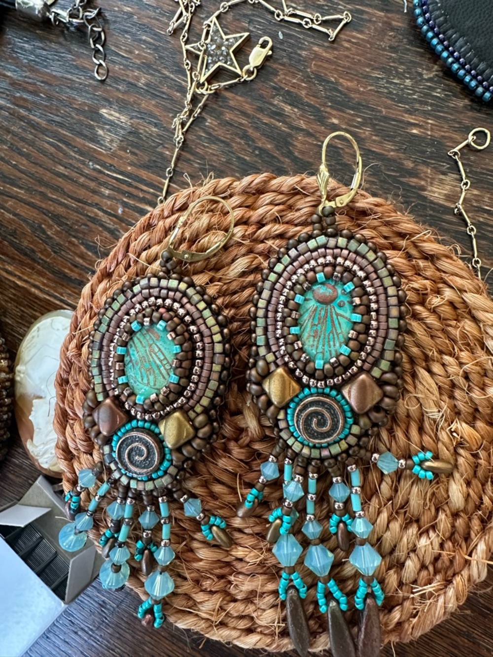 Boho Turquoise & Bronze Seed Bead Dangle Earrings - Unbranded